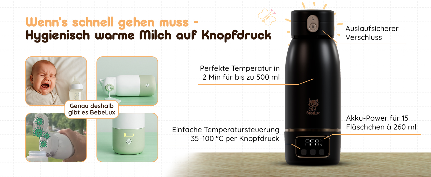 Підігрівач для дитячих пляшечок BEBELUX LUX MOM KIT – Електричний, USB-C, 36W, BPA-free, з терморегулятором, акумуляторний (Чорний)