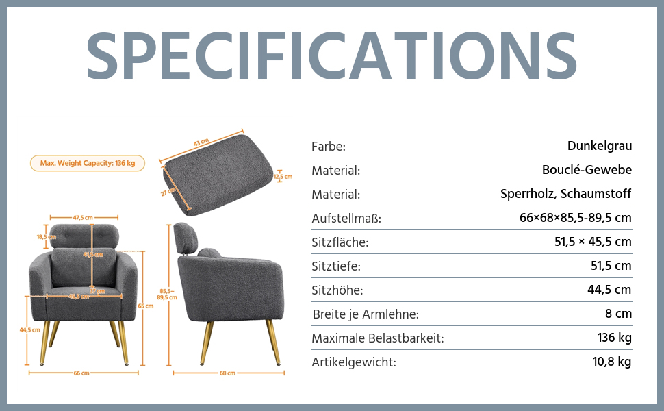 Крісло Yaheetech з тканини букле, крісло-релакс з регульованою спинкою та металевими ніжками, біле (темно-сіре)