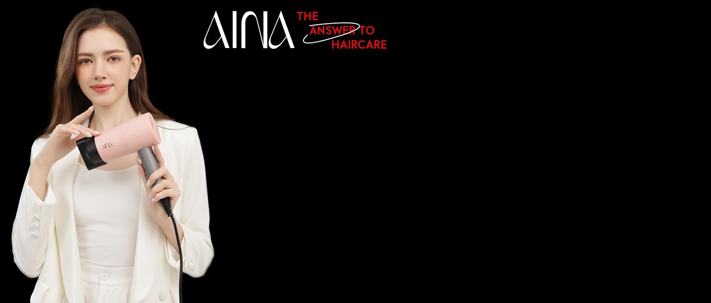 Високошвидкісний іонний фен для волосся AINA з безщітковим двигуном 160 000 об/хв, набір з дифузором, гребінцем та соплом, чорний (3A)