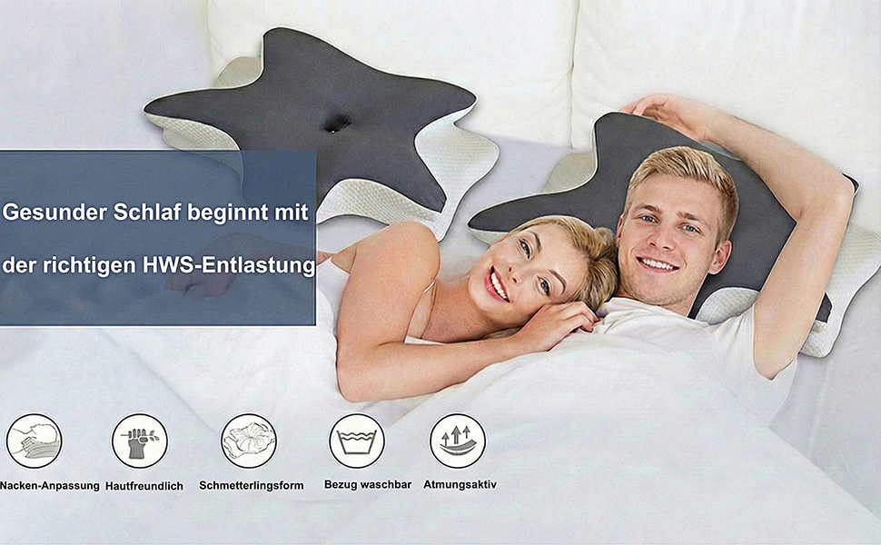 Ортопедична подушка для шиї з піни Memory Foam – підтримка шийного відділу хребта, ергономічна подушка-метелик для сну на боку та спині. При болях у шиї, регульована висота, знімний чохол.
