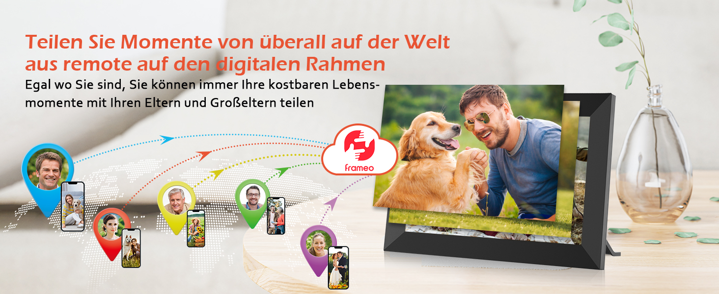 Цифровий фоторамка Frameo 10.1 дюйма WiFi, IPS сенсорний екран, 32GB, автоматичне обертання, для стін, миттєва відправка фотографій