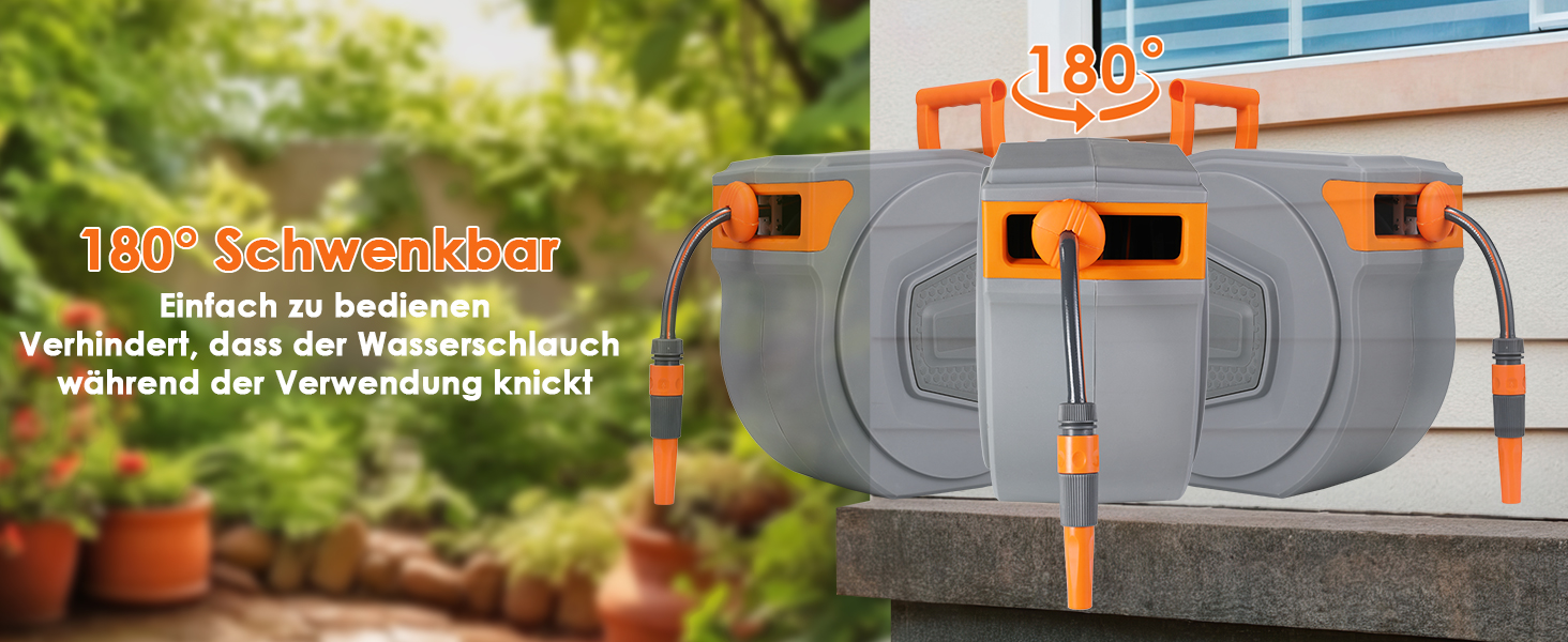 Шланговий барабан з шлангом для саду, настінний, поворотний на 180°, автоматичне змотування, шланговий бокс з ручною лійкою (9 функцій), для поливу, миття авто (сіро-помаранчевий, 20м)