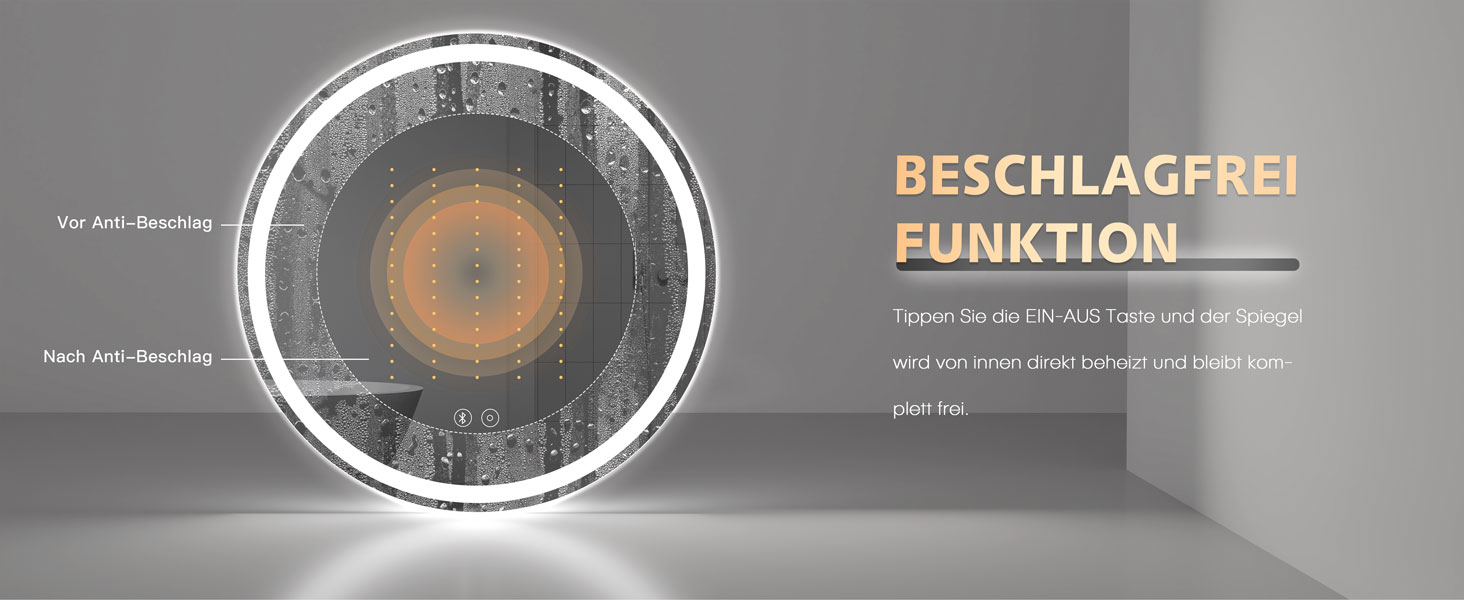 Дзеркало для ванної кімнати Dripex круглої форми з підсвічуванням LED, сенсорне керування, регулювання яскравості, 3 кольори світла, запобігання запотіванню, 50x50 см (Bluetooth, запобігання запотіванню, 3 кольори, регулювання яскравості)