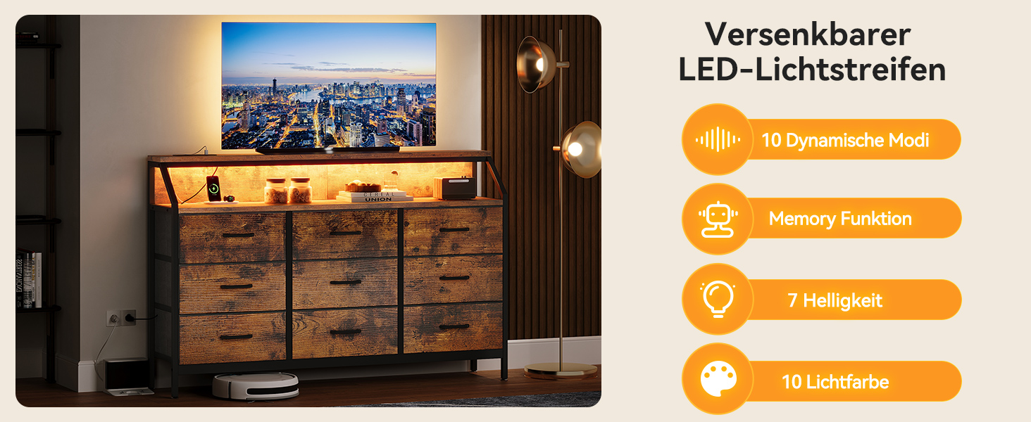 Комод ODK з висувними ящиками, 9 тканинних ящиків, 2 розетки, 2 USB-порти, LED-підсвітка, для спальні/вітальні, вінтажний стиль