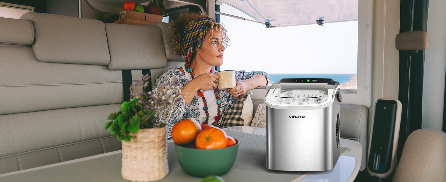 VINATO Льодогенератор портативний для дому та офісу, 12 кг/24 год, срібний. Швидке виробництво льоду (6-8 хв), з лопаткою та кошиком.