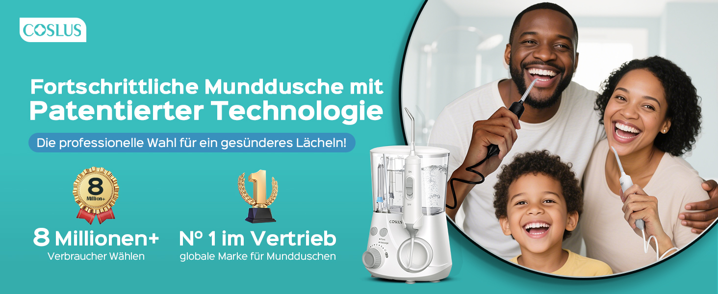 COSLUS Електрична іригатор для порожнини рота з 2 режимами та 12 рівнями тиску – 600 мл резервуар для води. Підходить для сімей, ентузіастів орального здоров'я та пацієнтів з ортодонтичними конструкціями. 5 насадок, чорно-білий колір.