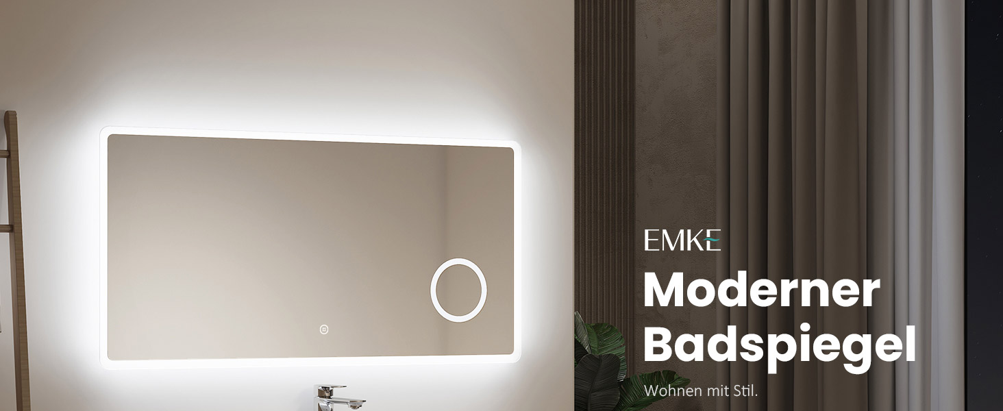 Дзеркало для ванної кімнати EMKE з підсвічуванням 100x60 см, LED, 3x косметичне дзеркало, 6500K, сенсорне, IP44, енергозберігаюче