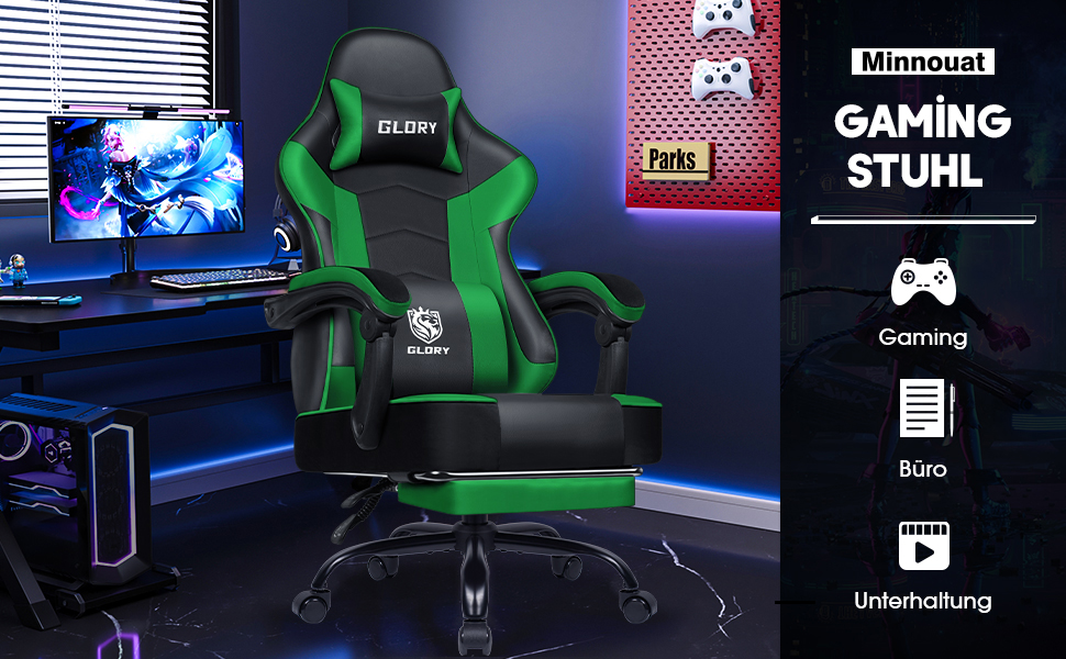 Ігровий крісло, офісне ергономічне крісло з телескопічною підніжкою, підголівник та поперекова підтримка, регульоване та поворотне, 150 кг, зелений