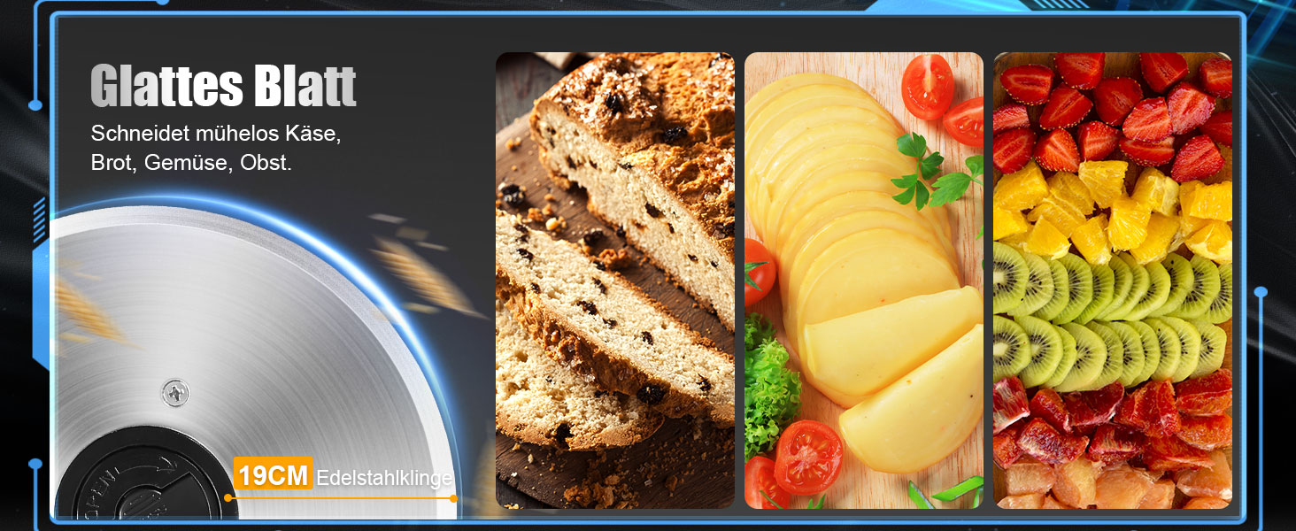 Електричний слайсер YASHE 200W з нержавіючою сталлю, 19 см, регулювання товщини 0-15 мм, для м'яса, сиру, хліба та овочів