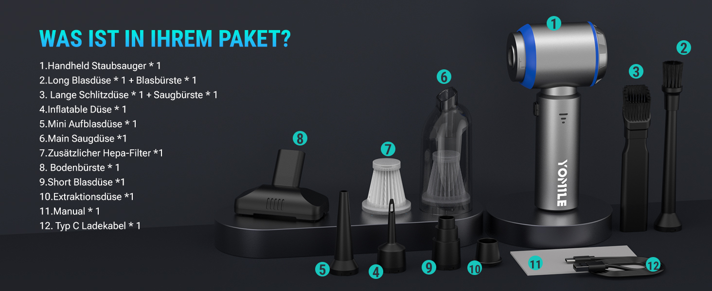 Акумуляторний ручний пилосмок Yomile 4 в 1, безщітковий двигун 25000Па, 3 рівні потужності для авто, дому, офісу та шерсті тварин