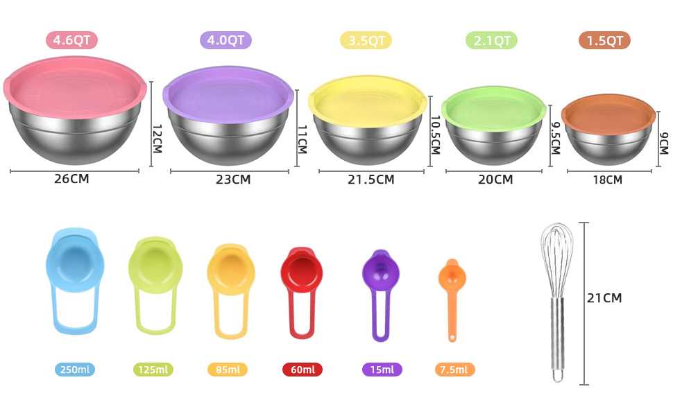Набір місок для перемішування, 5 шт. з нержавіючої сталі, салатник з кришкою для кухні, приготування їжі, випічки, з 6 мірних ложок та вінчиком
