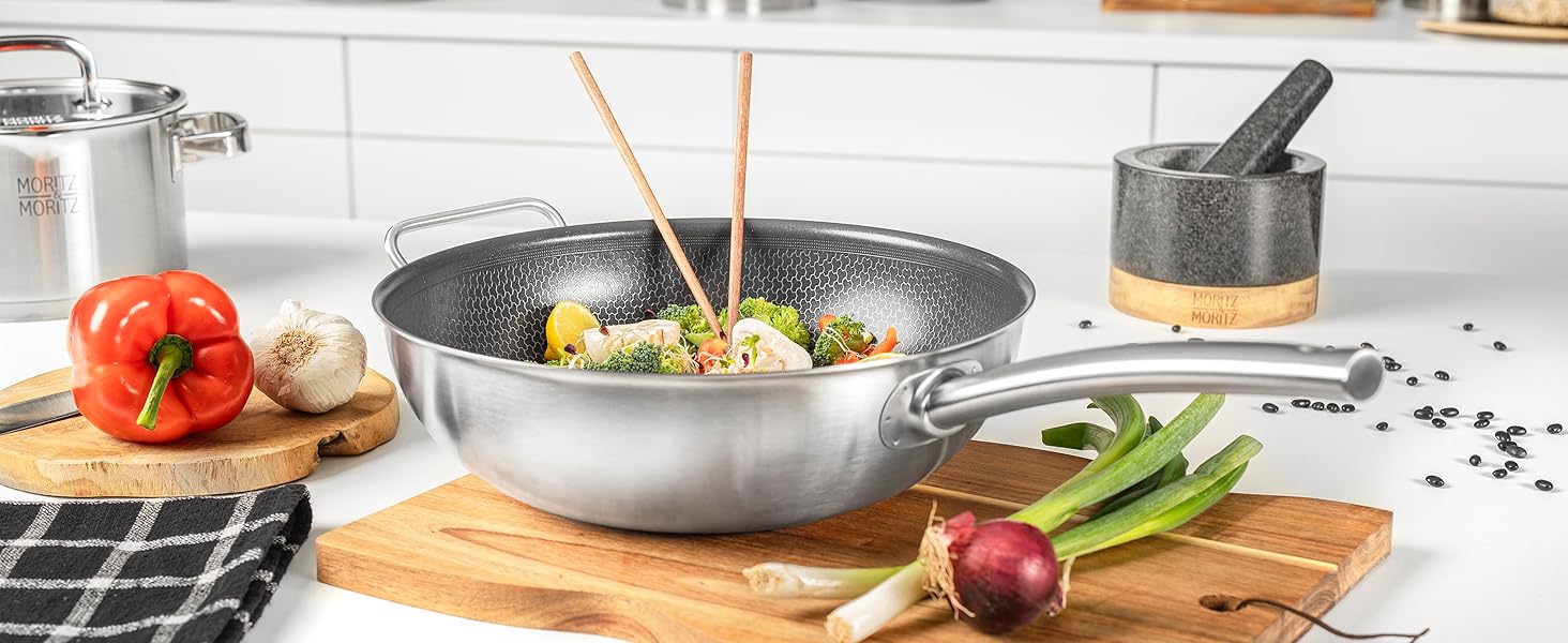 Вафельниця Moritz & Moritz з нержавіючої сталі 30 см з керамічним покриттям нового покоління - підходить для всіх типів плит - антипригарний вок з комірчастою структурою для смаження, тушкування та варіння без кришки