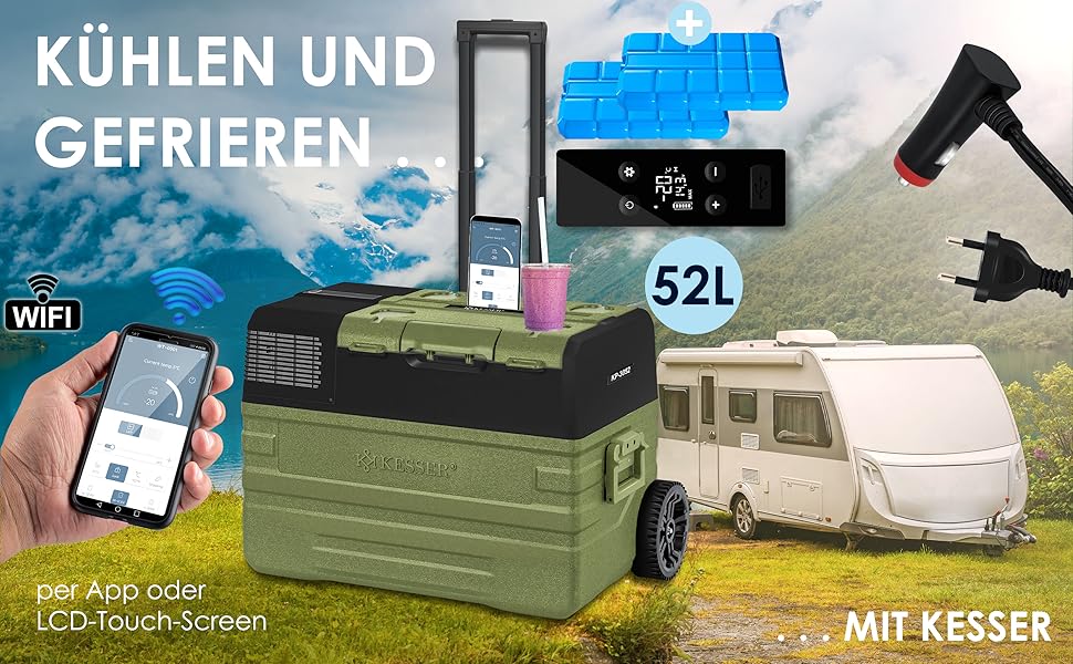 Автомобільний компресорний холодильник KESSER 42L з Wi-Fi, 12/24/230V, до -20°C, з колесами та телескопічною ручкою для кемпінгу, фургонів, вантажівок + 2 акумулятори холоду (52л, Хакі)