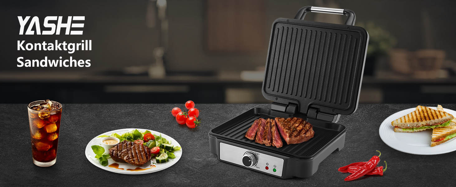 Контактний гриль YASHE, 4 пластини для сендвічів, антипригарне покриття, 1800W, регулювання температури, індикатор, відкривання 180°, знімна підставка для збору жиру, чорний