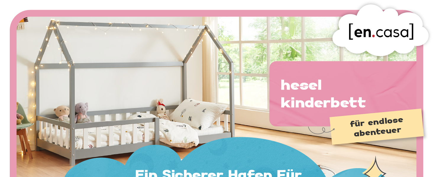 Ліжко дитяче Hesel Hausbett біле 90x200 см з бортиками та ламелями. Монтессорі ліжко-платформа для підлітків. Дерев'яне ліжко від en.casa