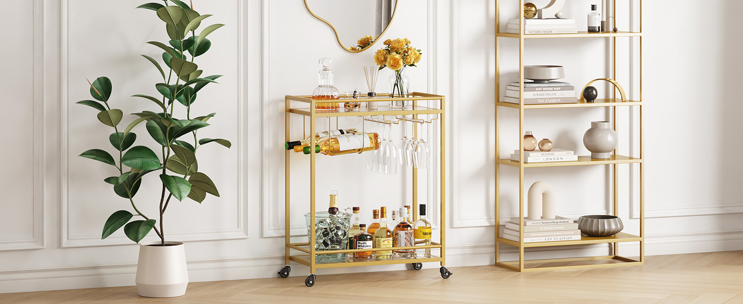 Візок кухонний LifeWit з 3 рівнями, сервірувальний візок на колесах, візок-бар для кухні, вітальні, їдальні, офісу (золотий, 60x30x71 см)