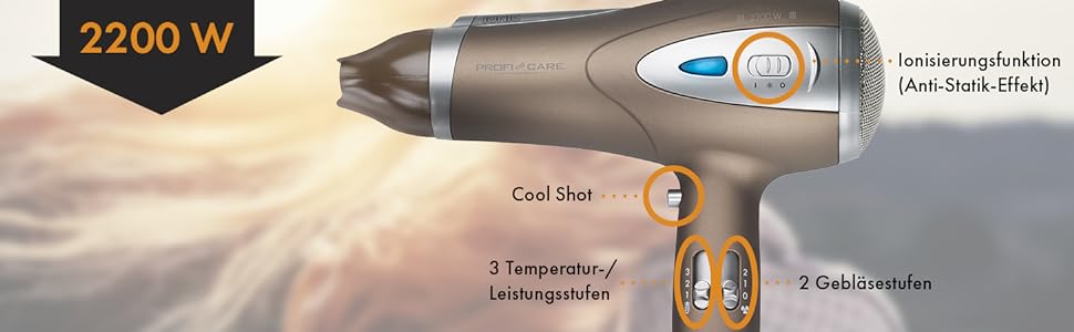 Фен ProfiCare з функцією іонізації 2200 Вт Екстра легкий дорожній фен 3 рівні потужності та 2 рівні вентилятора Фен в т.ч. Cool-Shot Фен з дифузором і насадкою для формування PC HTD 3113 коричнево-коричневий *Модель 2023*