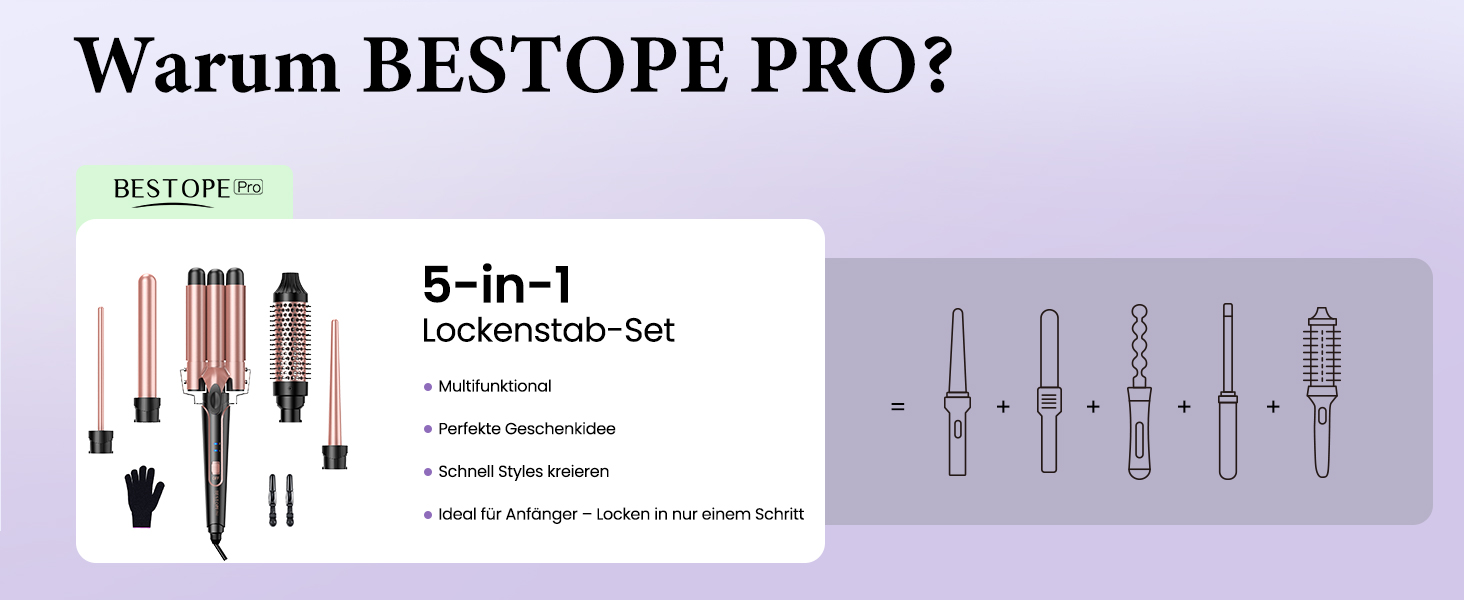 Набір для створення локонів BESTOPE PRO 5 в 1 з LED-дисплеєм: 3 насадки, регулювання температури, рукавичка, кліпси, рожеве золото