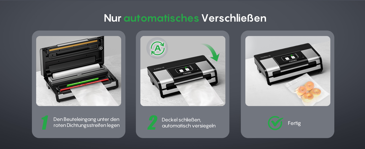 Вакууматор FRESKO Automatik для продуктів: автоматичний вакуумний пакувальник з турбо-потужністю 18л/хв, керування однією кнопкою, комплект з 2 рулонами для пакетів