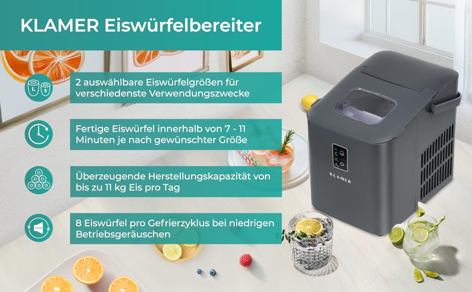 Льодогенератор KLAMER 24 кг/добу, 3 розміри льоду, 2.2л резервуар, 130W, тихий, сірий