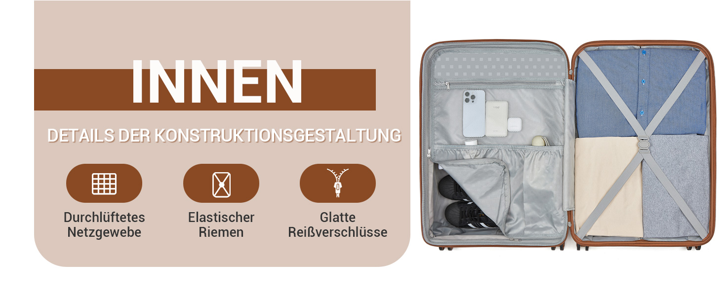Чемодан ручної поклажі KONO з тримачем для напоїв, жорсткий, легкий, з поліпропілену, розширюваний, 4 колеса, TSA-замок, кремовий/коричневий, M