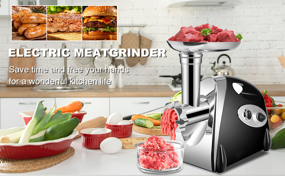 М'ясорубка електрична з насадкою для ковбас 2800 Вт, чорна. Комплект з 3 дисками для фаршу та насадкою для ковбасок