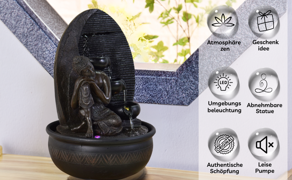 Декоративний фонтан Zen'Light Будда Grace з кольоровою LED-підсвіткою для медитації та релаксації, безшумний насос, знімна скульптура, висота 40 см