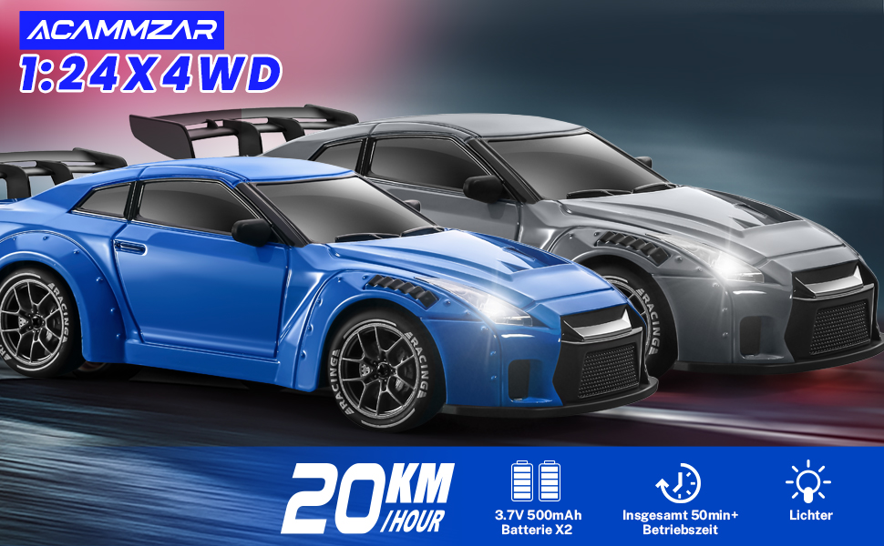 RC Drift Car ACAMMZAR 1:24, 4WD, 20 км/год, з LED підсвіткою, 2 акумулятори, для дітей від 4 років та дорослих - блакитний S815