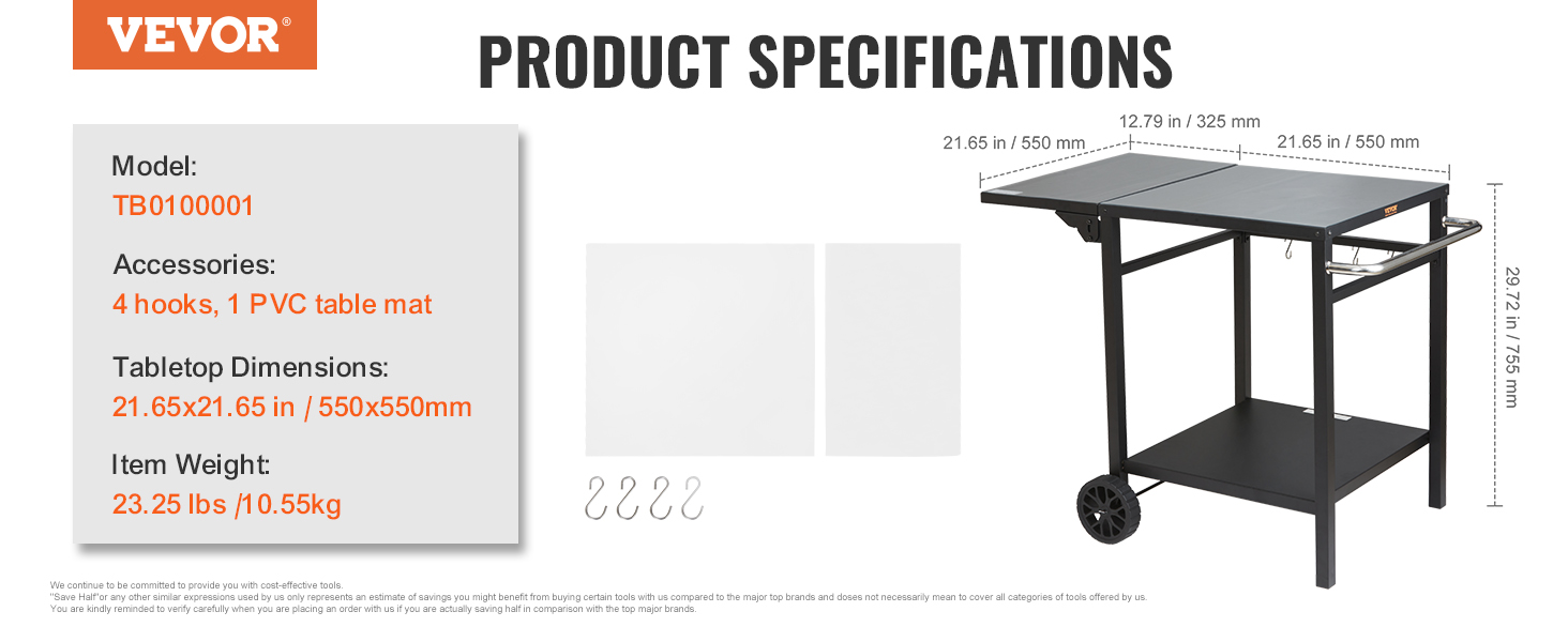 Grillwagen VEVOR: Мобільний вуличний гриль з подвійною полицею та регульованим столиком для приготування їжі (97,2 x 64 x 75,5 см)