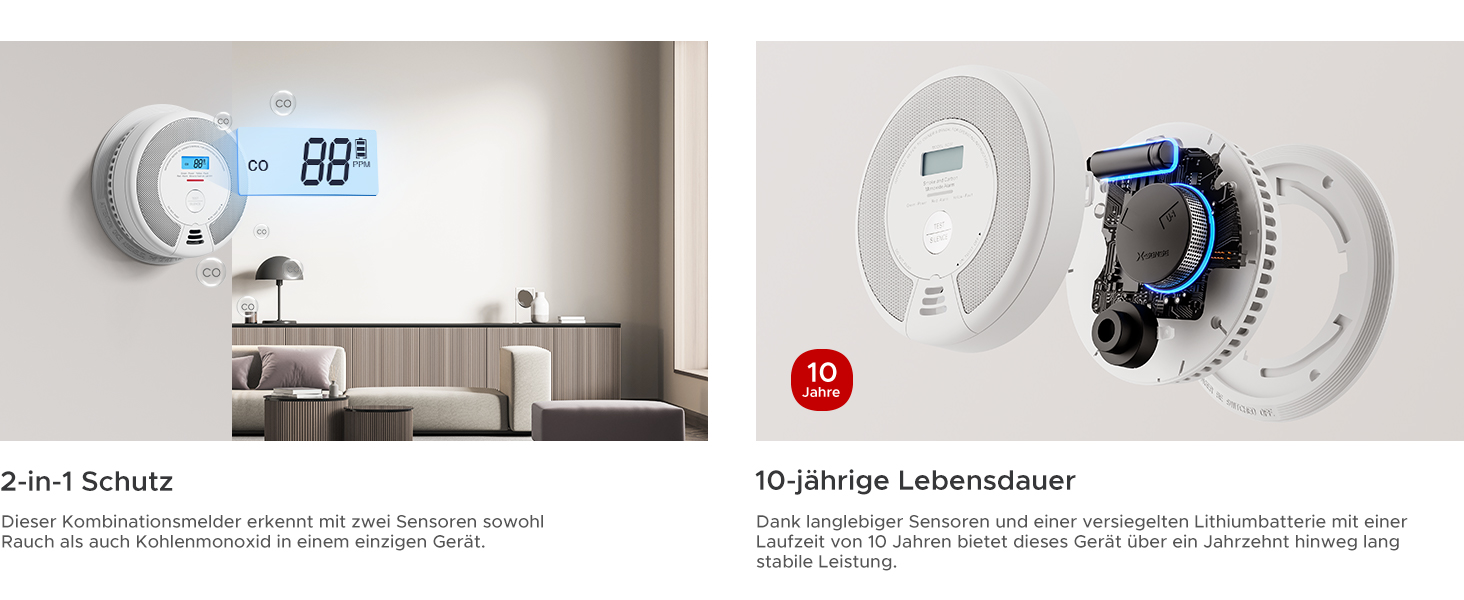 Датчик диму та монооксиду вуглецю X-Sense SC07, автономний, 10 років, з LCD-дисплеєм та кнопкою тестування, 360° моніторинг, автоматична перевірка, з можливістю радіомережі (1 шт.)