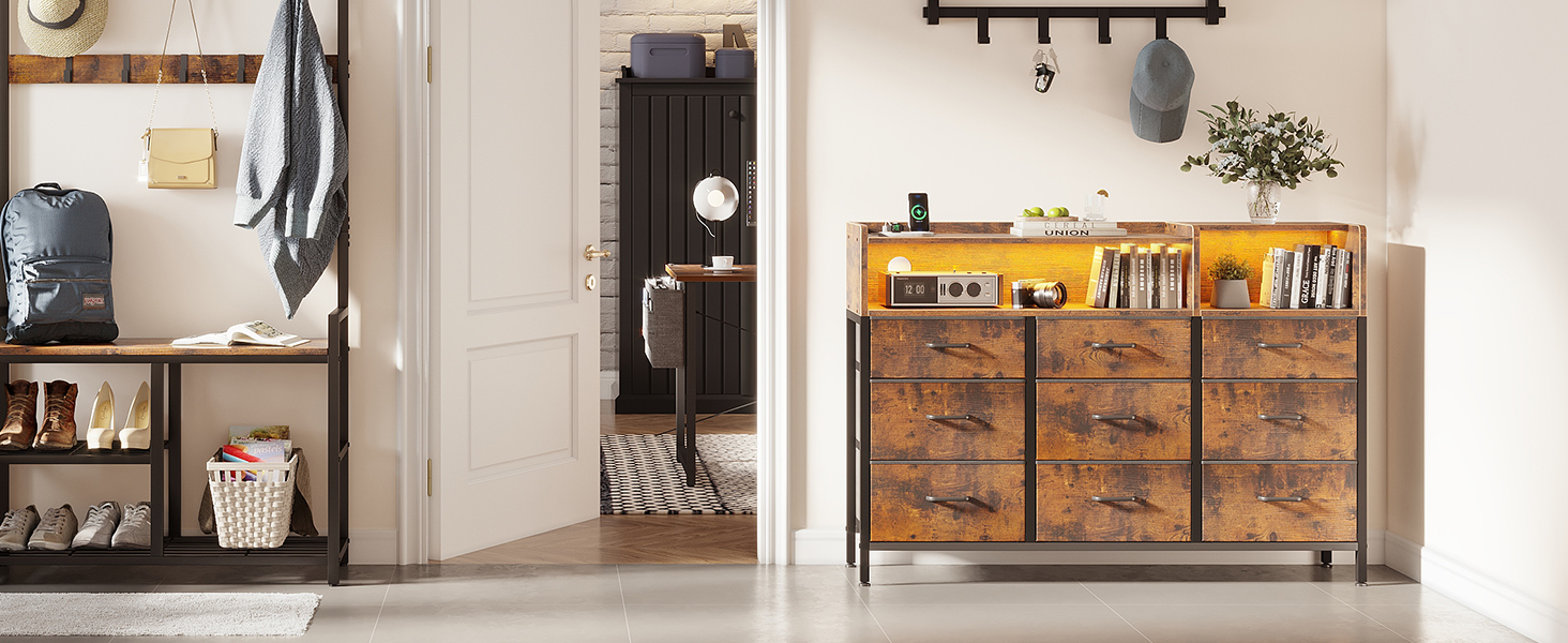 Комод ODK з шухлядами, 2 розетки, 2 USB, 10 LED-смужок, полиця-стільниця, 9 тканинних шухляд, чорний (ретро стиль), 130x30x97 см