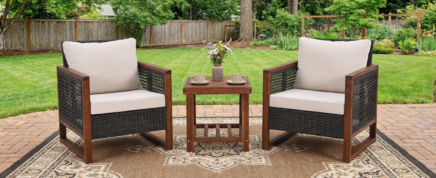 Набір садово-розкладних меблів GIANTEX з ротангу (3 шт.), садова група для балкону на 2 особи, Lounge Set з 2 кріслами та дерев'яним столом, коричневий, з подушками