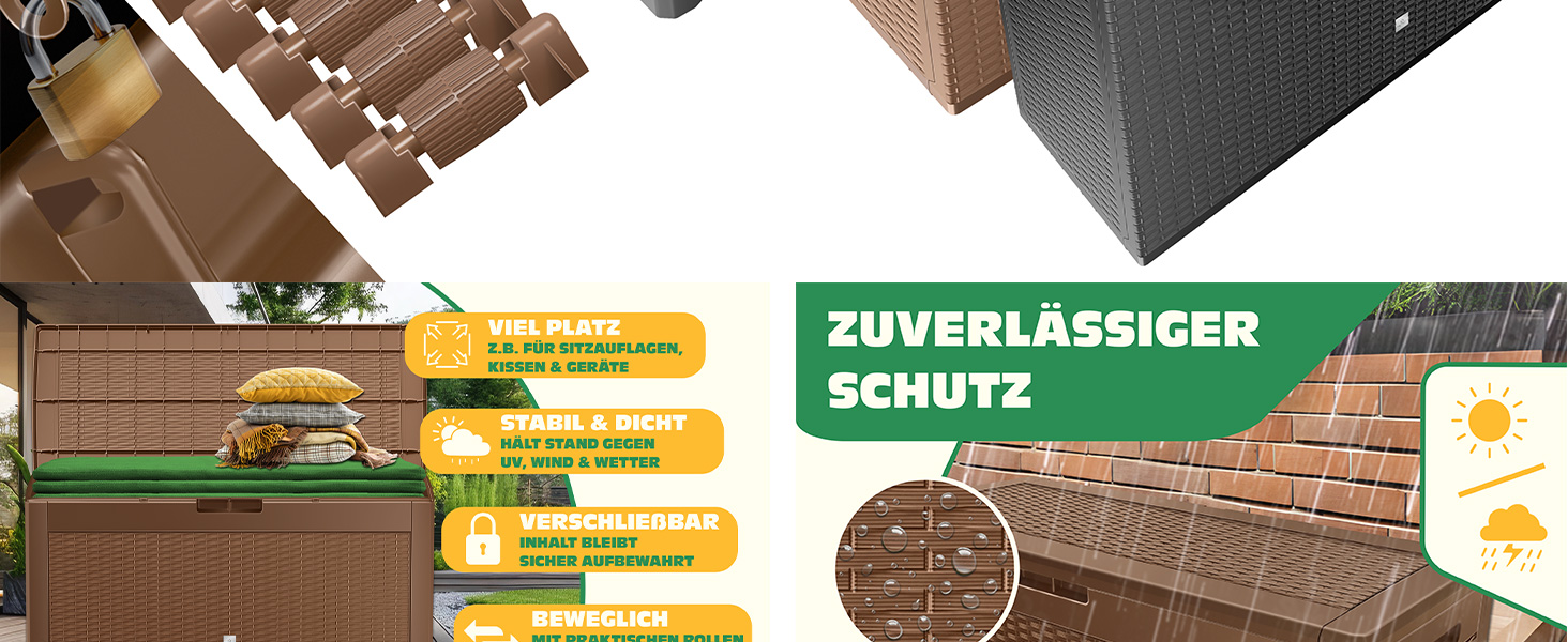 Скриня для подушок KESSER 310л з роликами, замком та автоматичним підйомником, антрацит. Садова водонепроникна скриня для зберігання речей, ратан-ефект