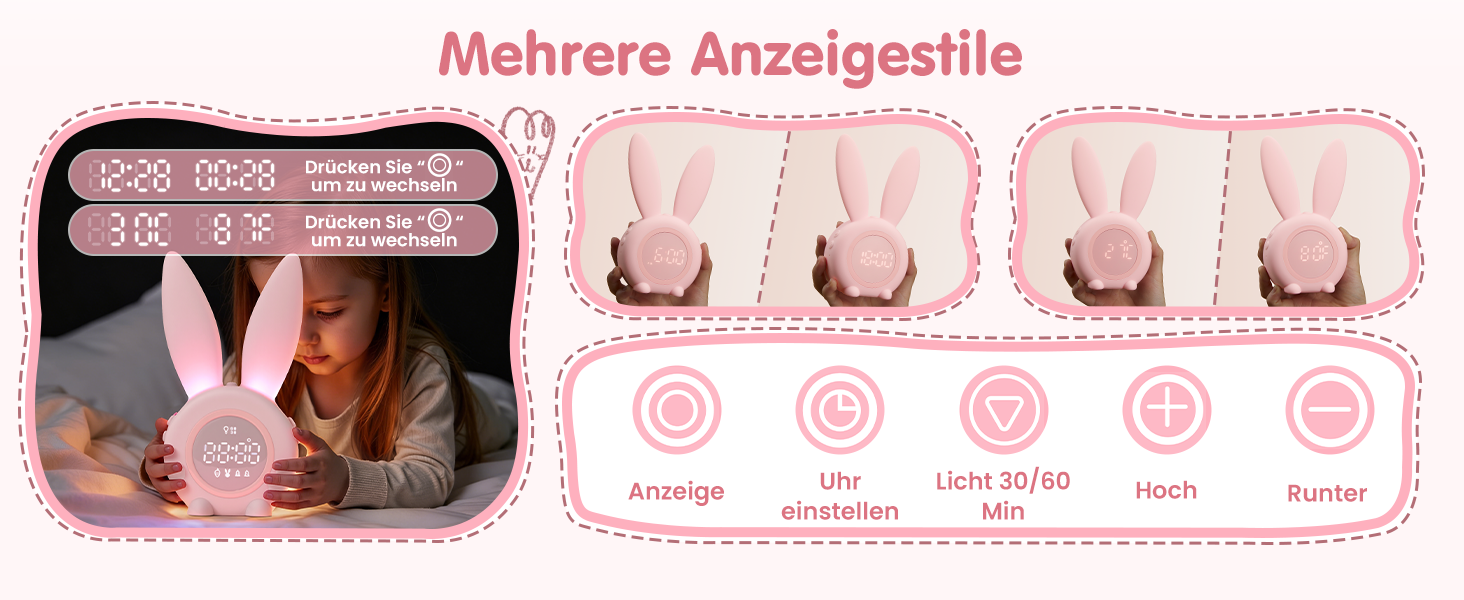 Дитячий ліхтарик-будильник Homealexa Зайчик: Нічник, функція повтору будильника, рожевий