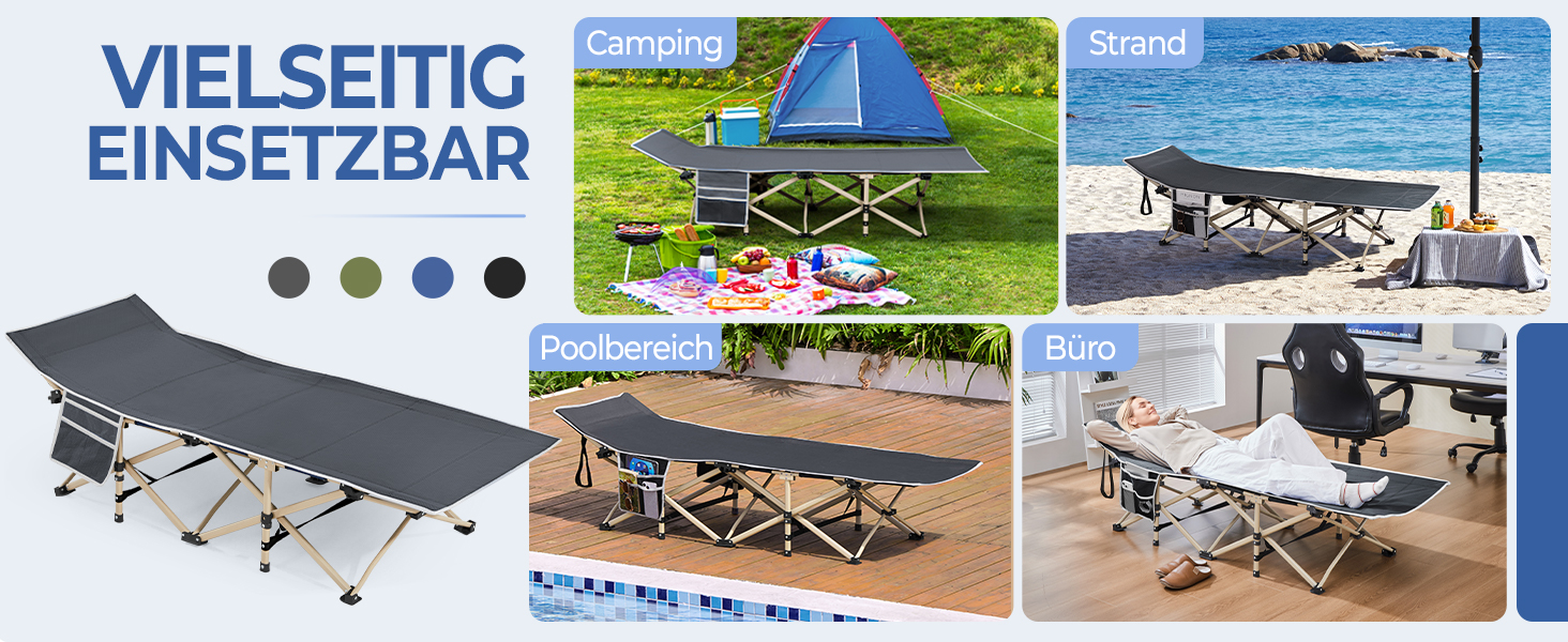 Розкладне ліжко для кемпінгу та відпочинку Yaheetech, похідне ліжко-шезлонг з кишенею та сумкою для транспортування, сіре, до 150 кг