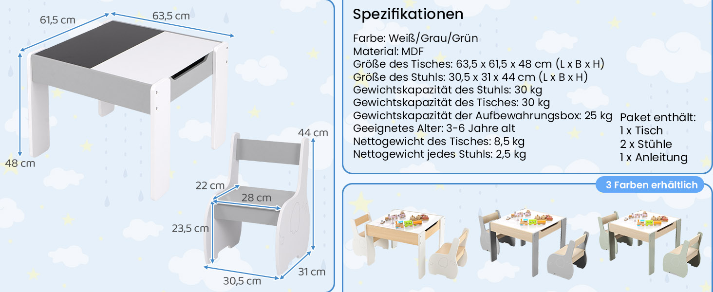 Дерев'яний дитячий стіл з 2 стільцями DREAMADE, 3 шт. Дитяча меблева група з двостороннім столом та місцем для зберігання, набір меблів для дітей, для хлопчиків та дівчаток (білий)