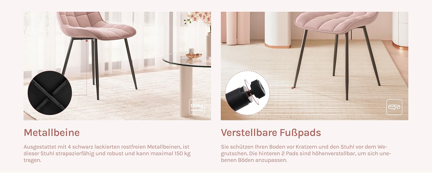 Набір обідніх стільців WOLTU, 8 шт., рожеві, для кухні, вітальні, їдальні, м'яке сидіння з велюру, металеві ніжки, до 150 кг