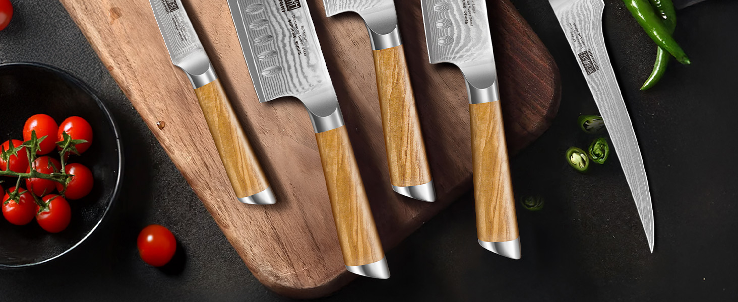 Японський ніж HOSHANHO з дамаської сталі 20 см, 67 шарів, кухонний ніж для приготування їжі, гострий, з ергономічною ручкою оливкового кольору (9.5 см), ніж для очищення