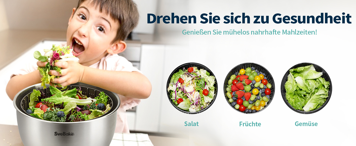 Салатниця-швидкоочисник з нержавіючої сталі 18/10 з ручним приводом та мискою об'ємом 4,5 літра, придатна для миття в посудомийній машині, чорний прозорий кришка