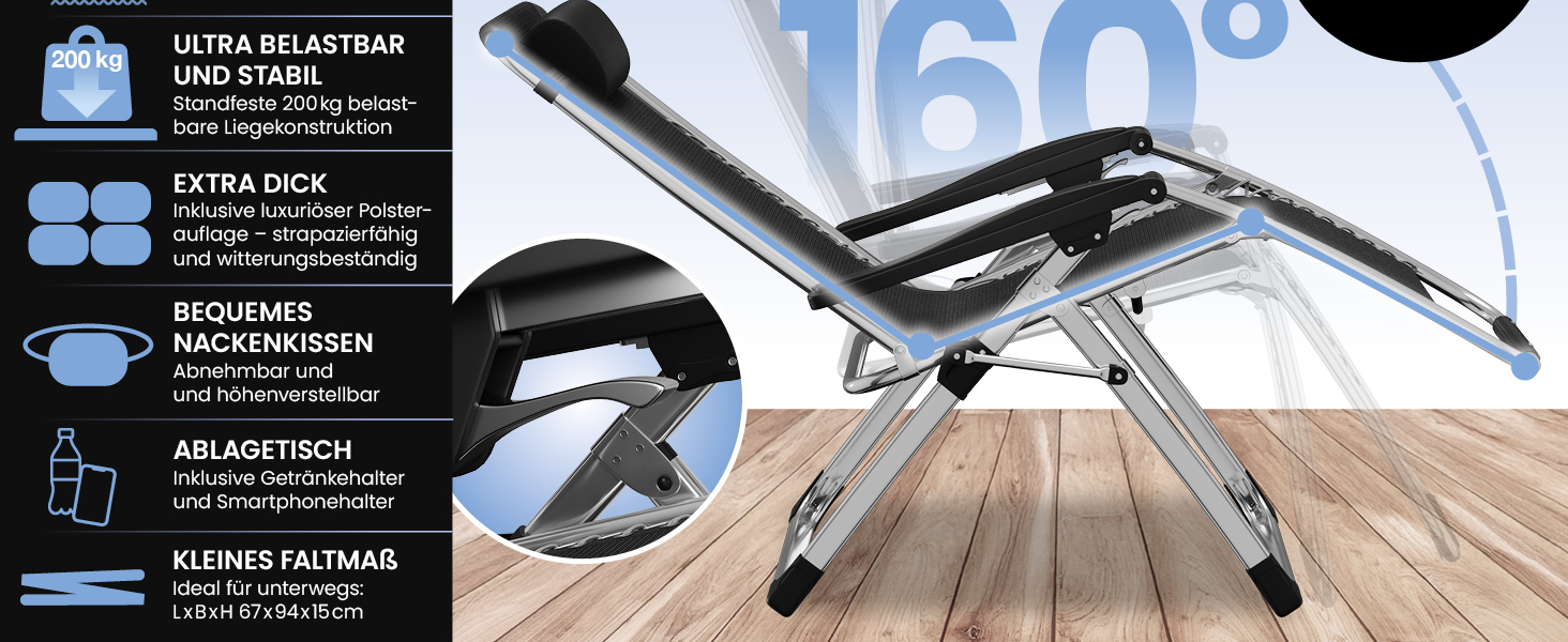 Лежак ELONEO розкладний преміум з подушкою, сонячний лежак для саду, вологостійкий, широка спинка, регульована, з подушкою для шиї та тримачем для напоїв, антрацит