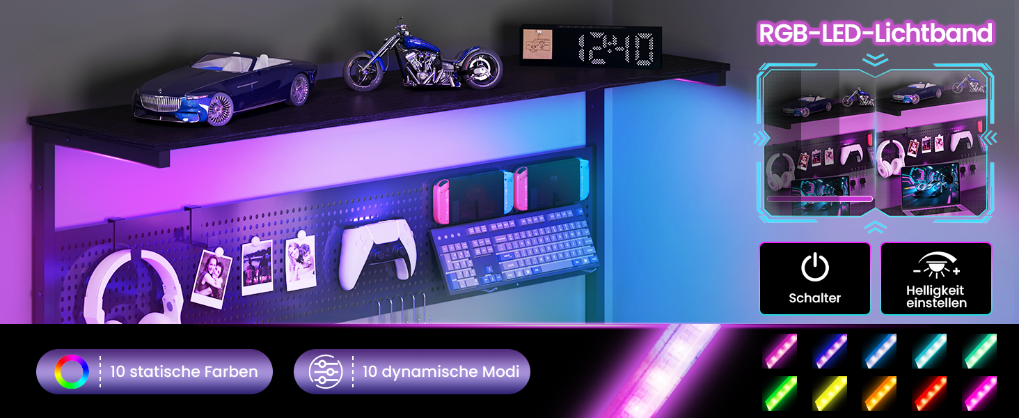 Ігровий стіл Youdenova L-подібний з LED, розеткою та USB, кутовий з полицею та перфорованою стінкою, 120x80 см. Комп'ютерний стіл для геймерів та дому