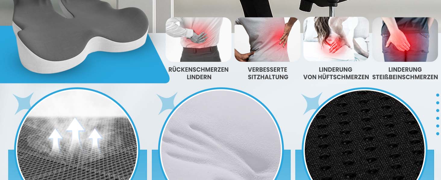 Подушка для сидіння з піни Memory Foam для попереку, куприка та сідниць: зняття тиску, для офісного крісла, авто, інвалідного візка, дому та офісу