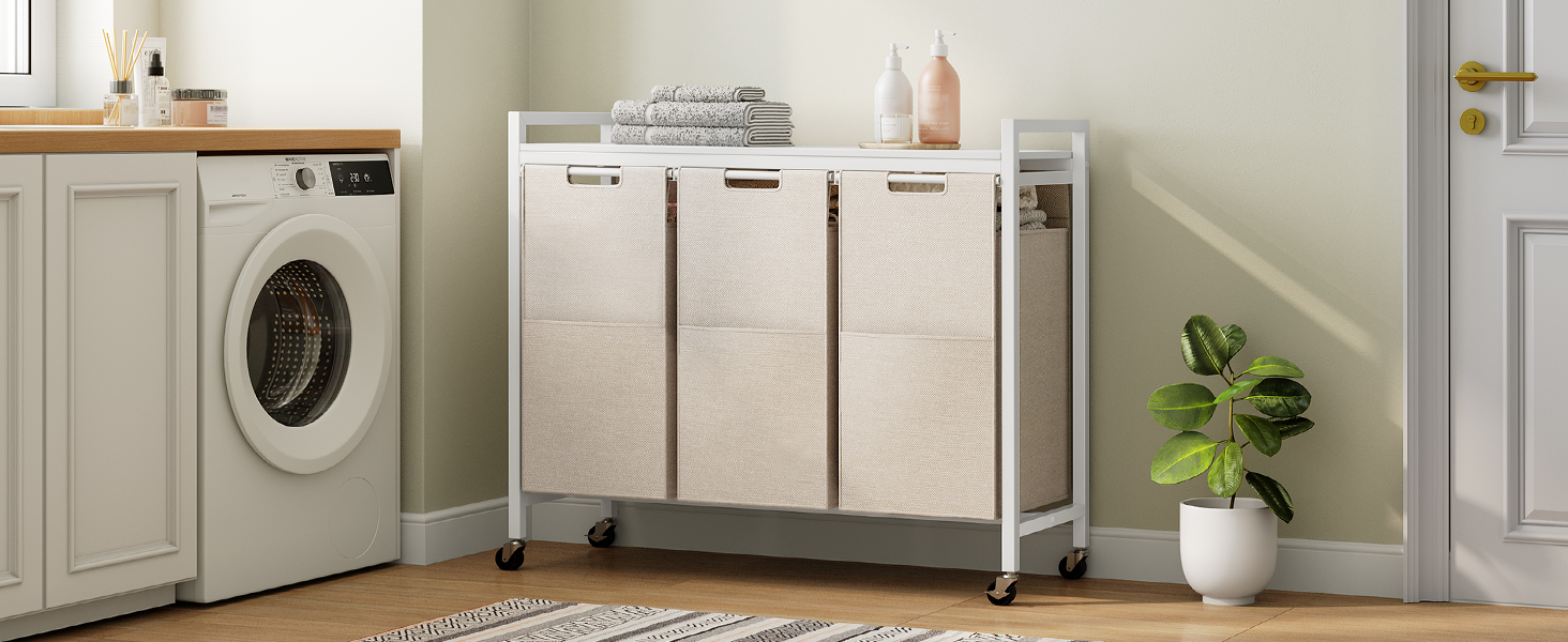 Кошик для білизни HOOBRO з 3 відділеннями, 119 л, білий, на колесах