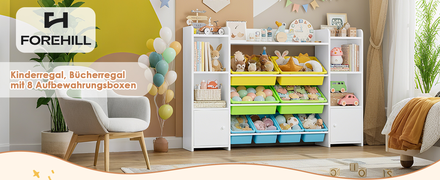 FOREHILL Дитяча полиця з 8 ящиками, дитячий шафа, книжкова полиця для дітей, органайзер для іграшок, меблі для дитячої кімнати, 138,8 x 94,3 x 29,6 см, білий (білий з зеленим)