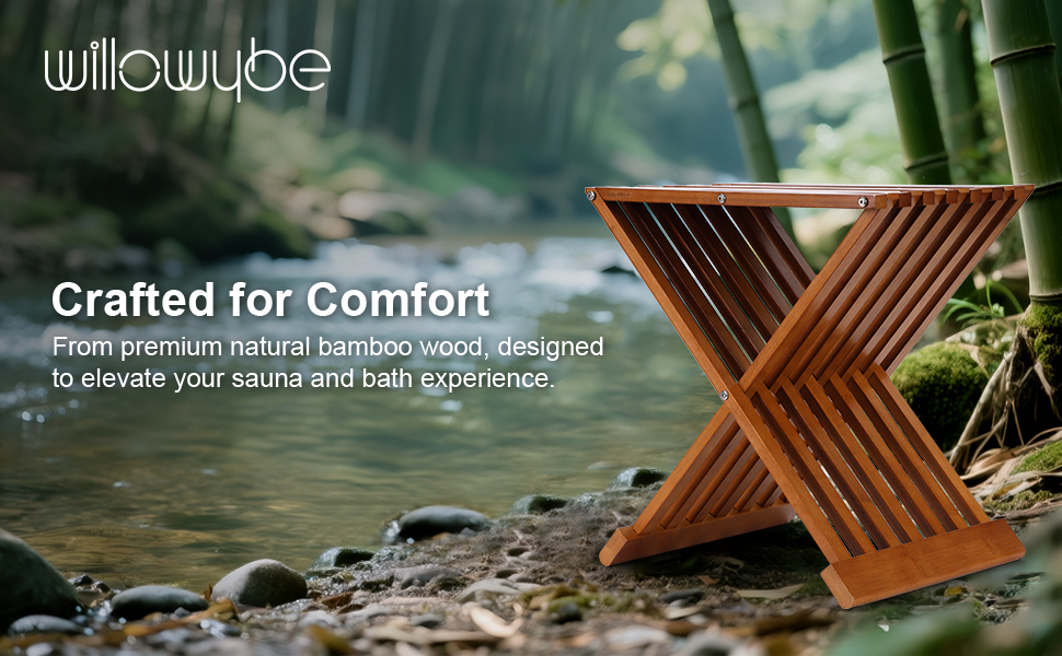 Складаний табурет для сауни та душу WILLOWYBE – водовідштовхувальна бамбукова лавка, багатоцільовий стілець для ванної кімнати та парильні (Темно-коричневий)