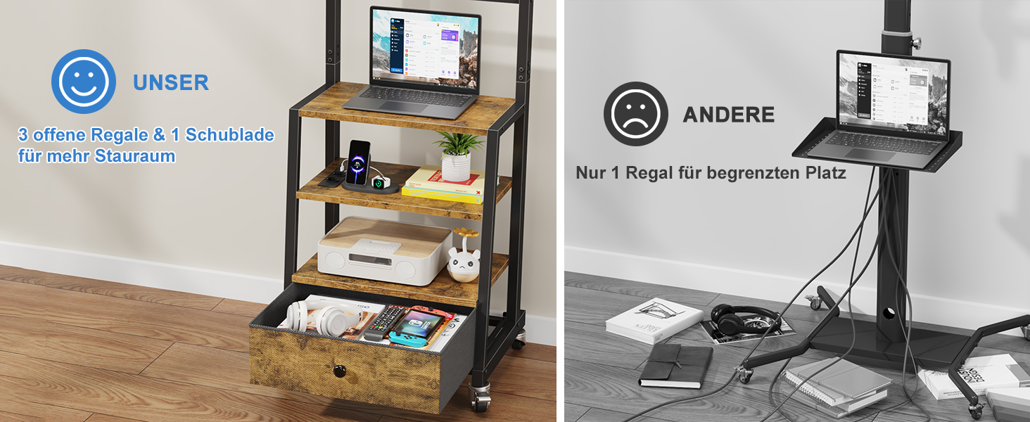 Тумба для телевізора на колесах з ящиком, для телевізорів 32-75 дюймів, регульована, з розеткою, коричнева, 140 см