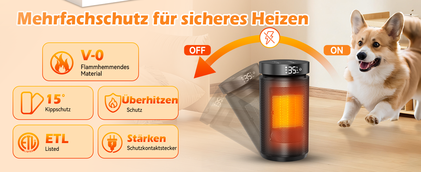 Електричний обігрівач 1500W з PTC керамічним нагрівачем, тихий (34 dB), з термостатом, таймером (12 год) та захистом від перегріву та перекидання. З пультом керування, чорний.