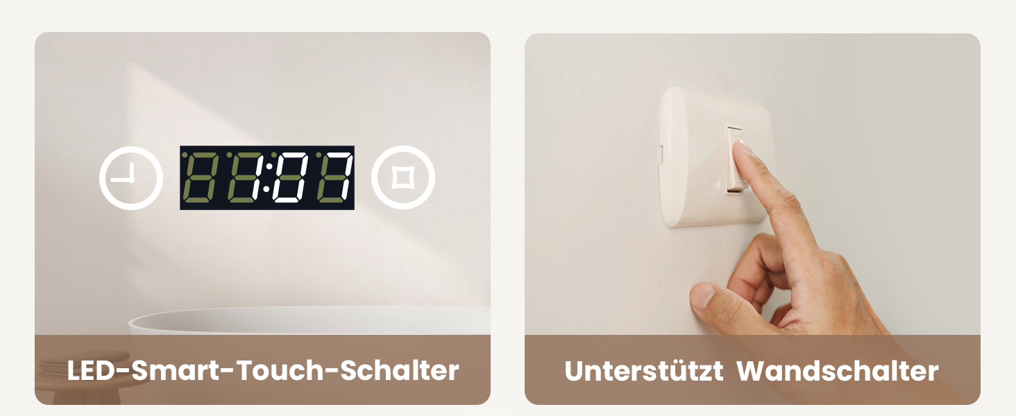 EMKE® Дзеркало для ванної кімнати LED 80x60 см з підсвічуванням, 3 кольори світла, годинник, захист від запотівання, IP44