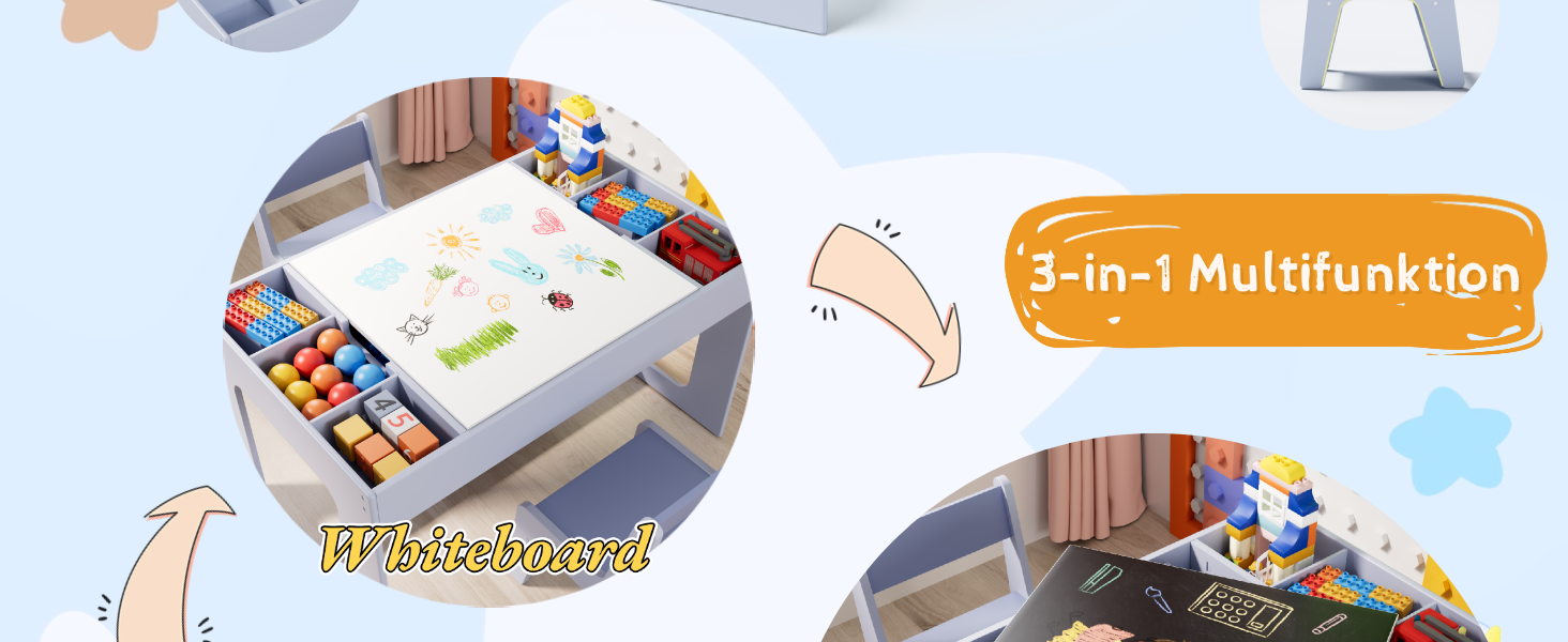 Дитячий стіл та комплект стільців Mamizо з місцем для зберігання, блакитний. Підходить для дитячої кімнати, школи, дитячого садка, від 3 років.