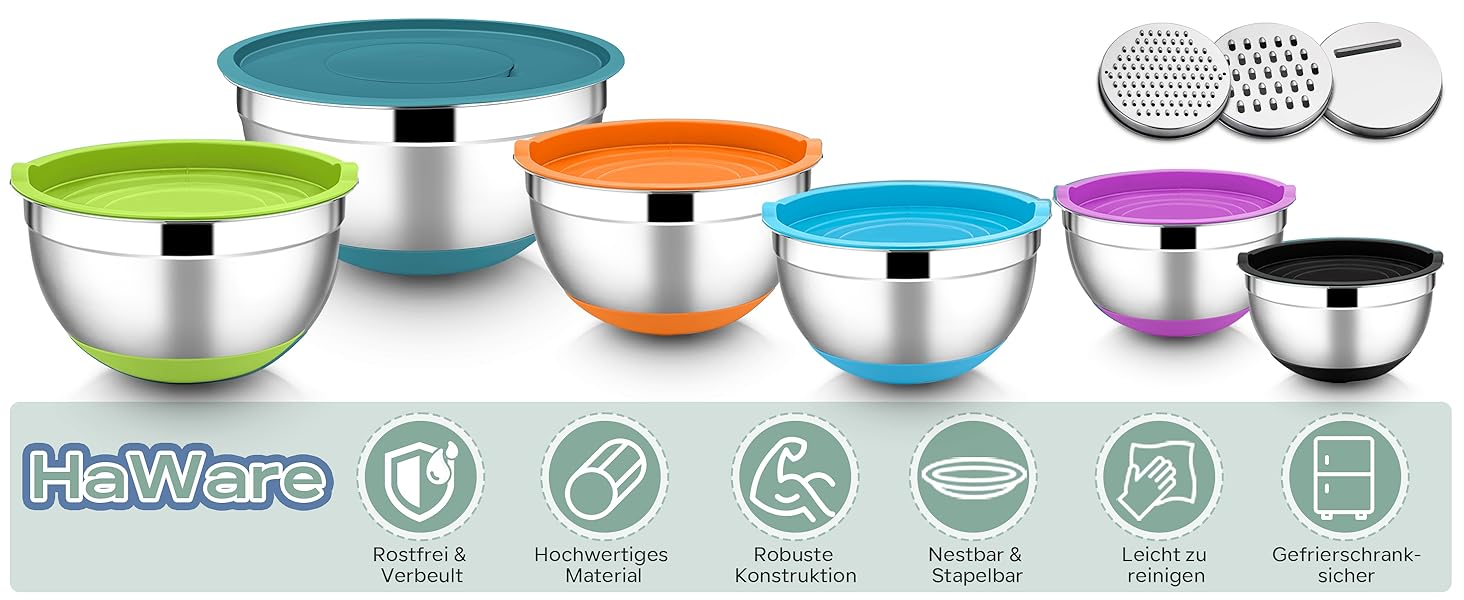 Набір мисок HaWare 6 шт. з нержавіючої сталі, 6 мисок + 6 кришок + 3 тертки, об'єм 4.6/2.8/2.5/1.6/1.2/0.7л, з антиковзним силіконовим дном, для миття в посудомийній машині
